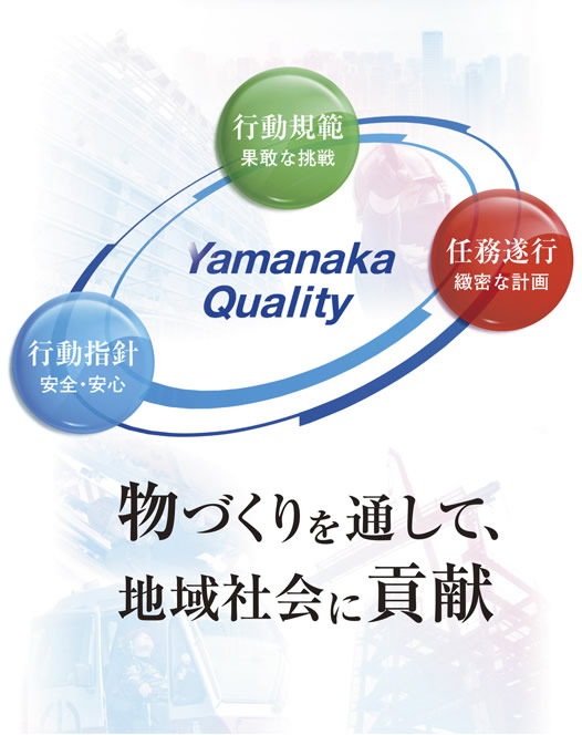 Yamanaka Quality
物づくりを通して、地域社会に貢献

行動指針
安全・安心

行動規範
果敢な挑戦

任務遂行
緻密な計画